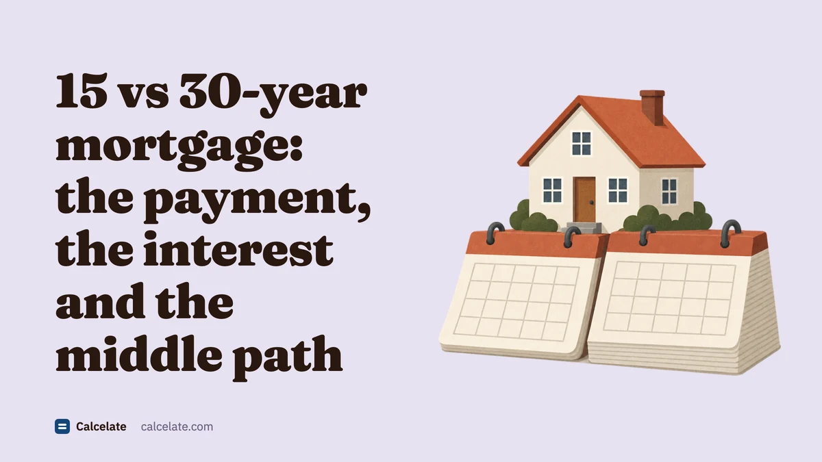 A small house sitting on top of two paper desk calendars, next to the title “15 vs 30-year mortgage: the payment, the interest and the middle path”