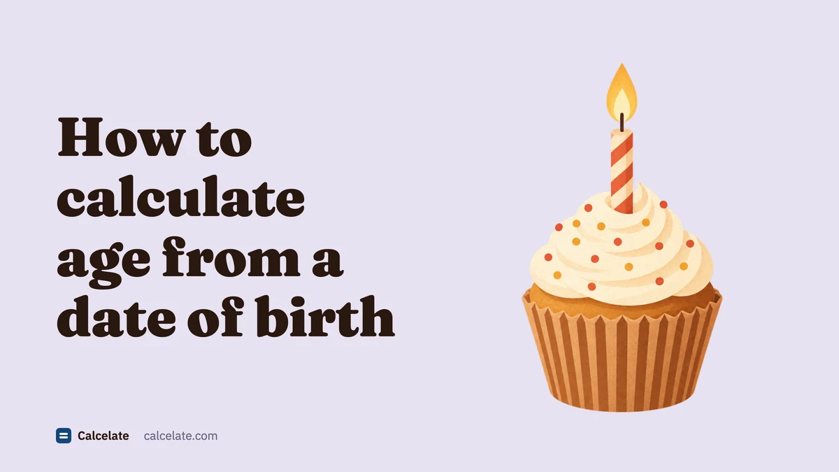 A cupcake with white frosting, sprinkles and one lit striped candle, next to the title “How to calculate age from a date of birth”